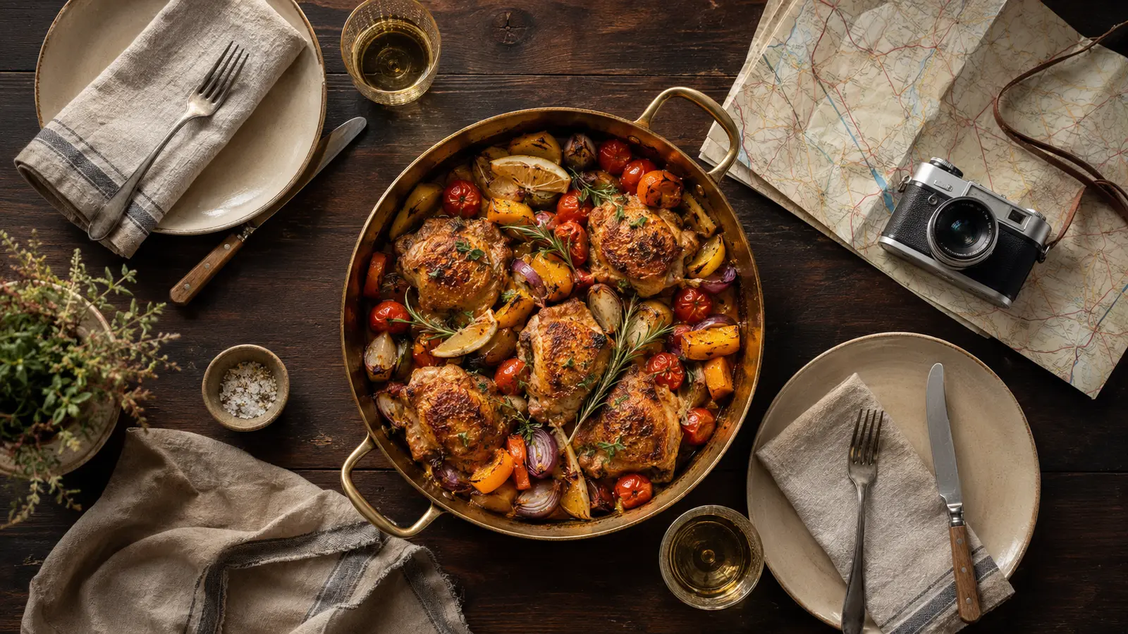 A shared meal beside a travel map and camera